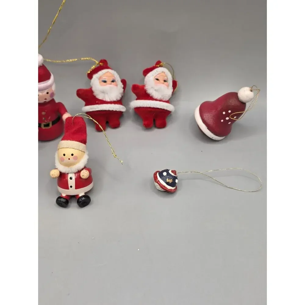 7pc Vintage Santa Christmas Ornaments Miniature Wooden Hand Painted Flocked MCM